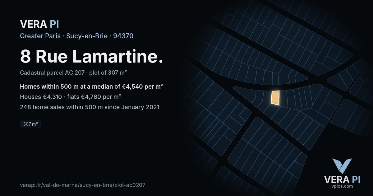8 Rue Lamartine, Sucy-en-Brie at night – the plot lit, the parcels around coloured by the prices near them