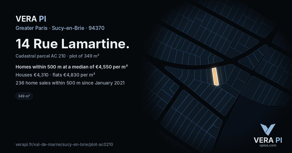 14 Rue Lamartine, Sucy-en-Brie at night – the plot lit, the parcels around coloured by the prices near them