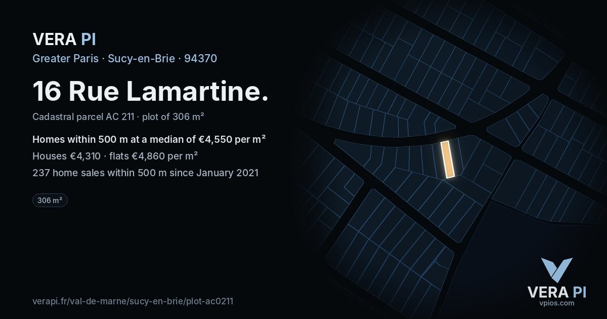 16 Rue Lamartine, Sucy-en-Brie at night – the plot lit, the parcels around coloured by the prices near them