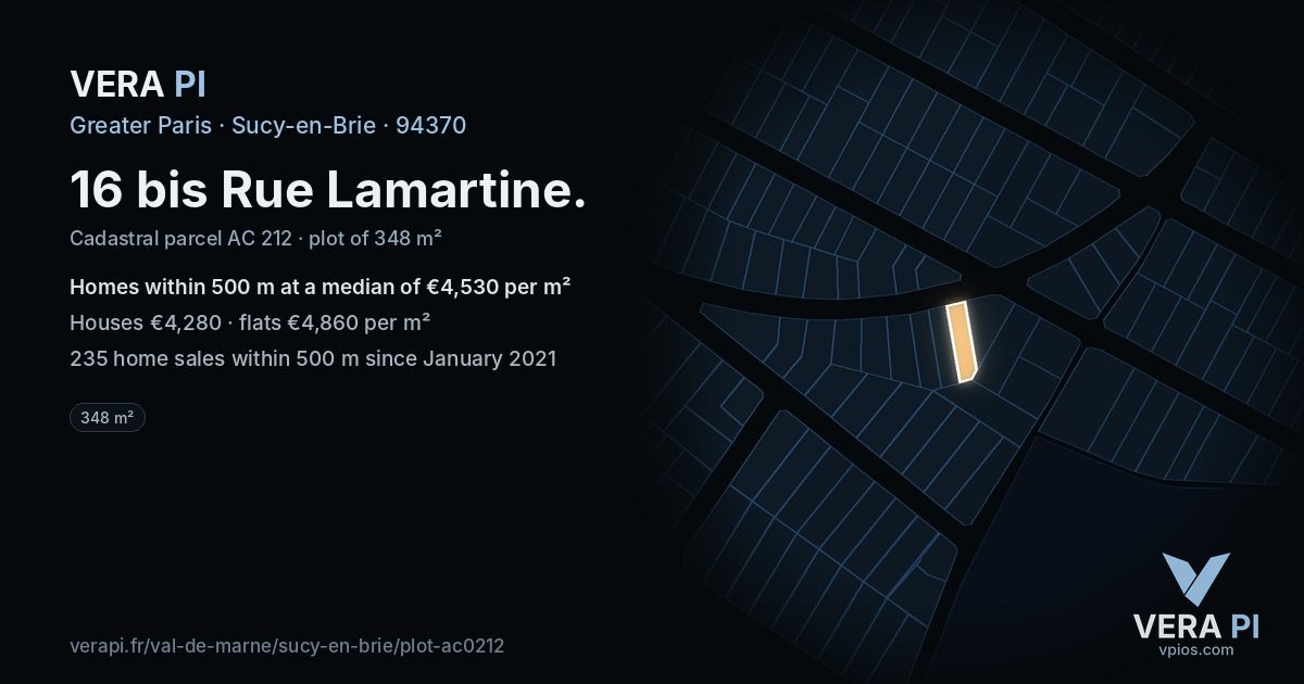 16 bis Rue Lamartine, Sucy-en-Brie at night – the plot lit, the parcels around coloured by the prices near them