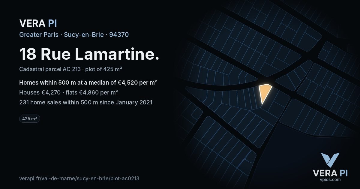 18 Rue Lamartine, Sucy-en-Brie at night – the plot lit, the parcels around coloured by the prices near them