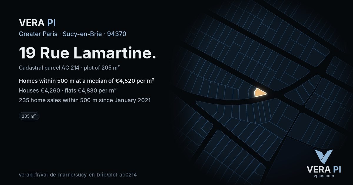 19 Rue Lamartine, Sucy-en-Brie at night – the plot lit, the parcels around coloured by the prices near them