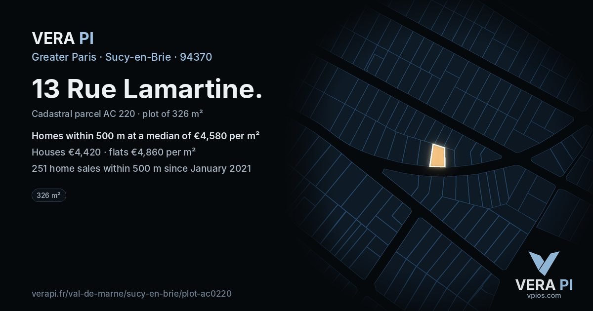 13 Rue Lamartine, Sucy-en-Brie at night – the plot lit, the parcels around coloured by the prices near them