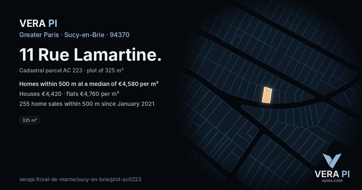 11 Rue Lamartine, Sucy-en-Brie at night – the plot lit, the parcels around coloured by the prices near them