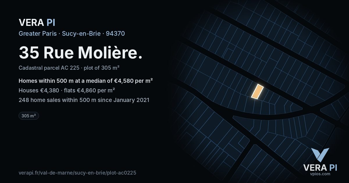 35 Rue Molière, Sucy-en-Brie at night – the plot lit, the parcels around coloured by the prices near them