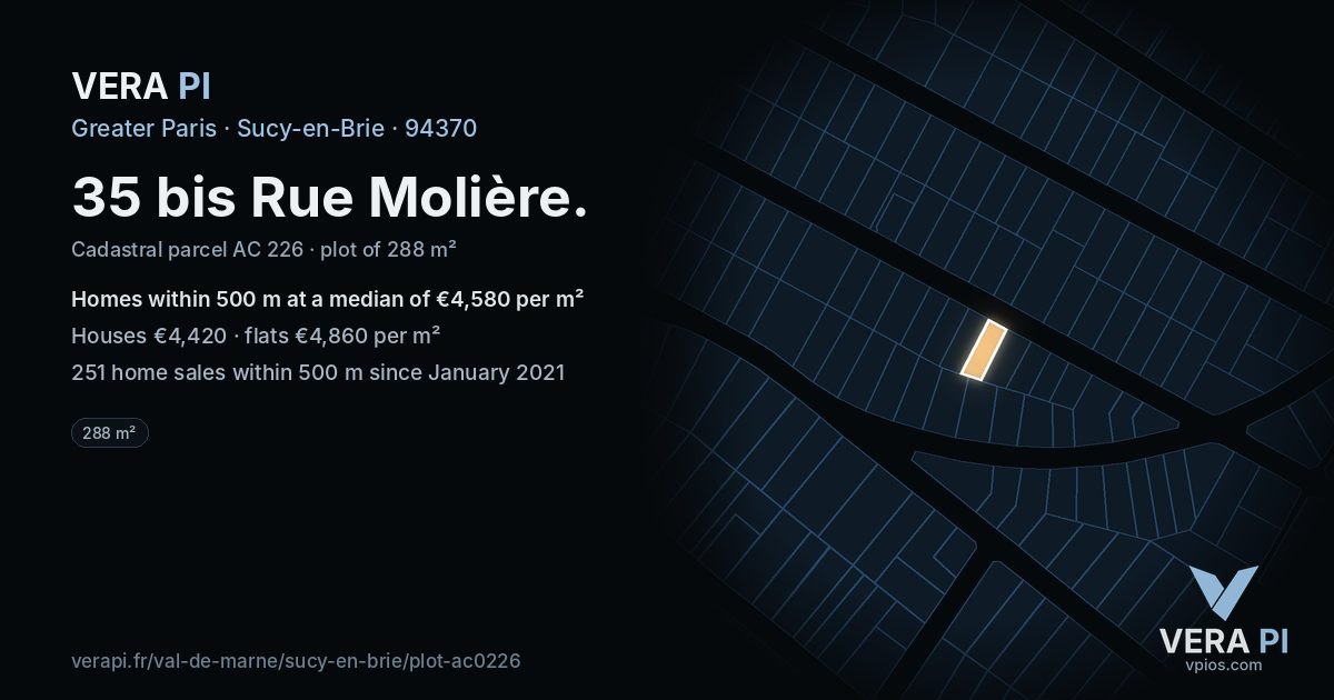 35 bis Rue Molière, Sucy-en-Brie at night – the plot lit, the parcels around coloured by the prices near them