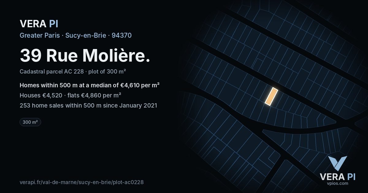 39 Rue Molière, Sucy-en-Brie at night – the plot lit, the parcels around coloured by the prices near them