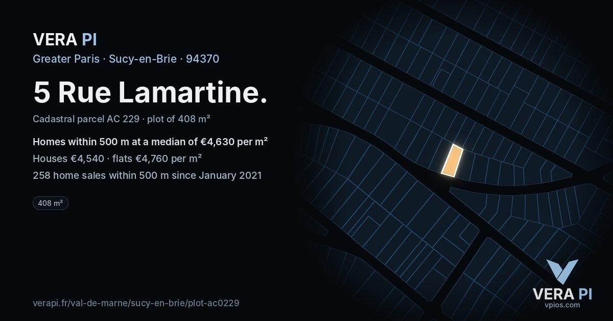 5 Rue Lamartine, Sucy-en-Brie at night – the plot lit, the parcels around coloured by the prices near them