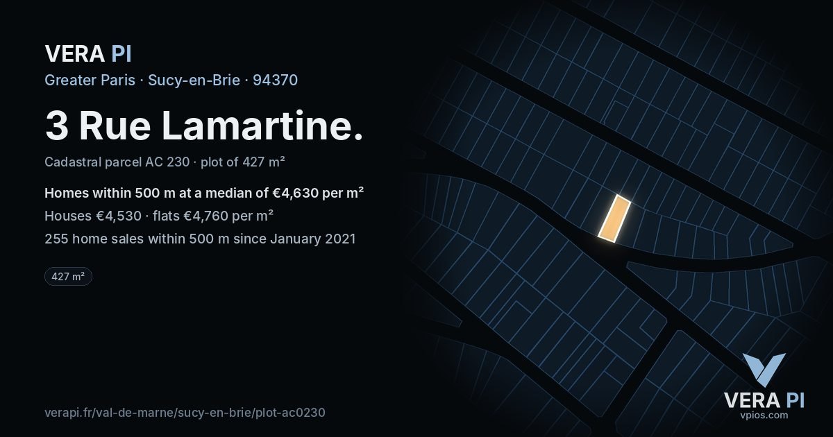 3 Rue Lamartine, Sucy-en-Brie at night – the plot lit, the parcels around coloured by the prices near them