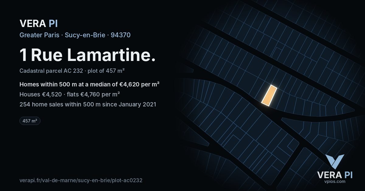 1 Rue Lamartine, Sucy-en-Brie at night – the plot lit, the parcels around coloured by the prices near them