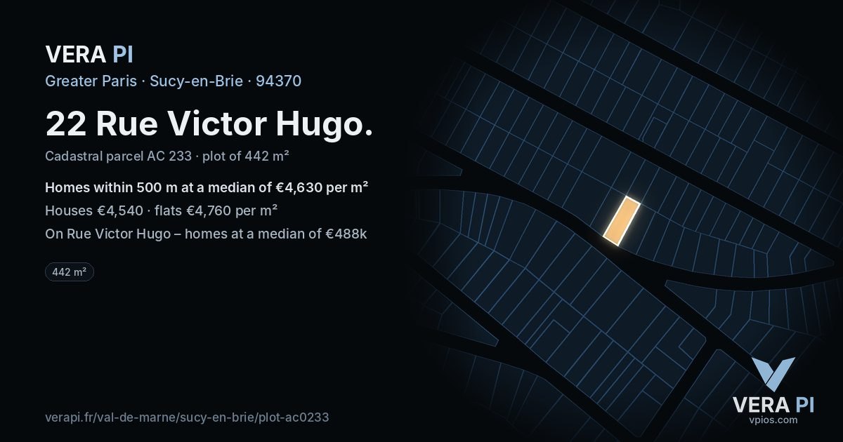 22 Rue Victor Hugo, Sucy-en-Brie at night – the plot lit, the parcels around coloured by the prices near them