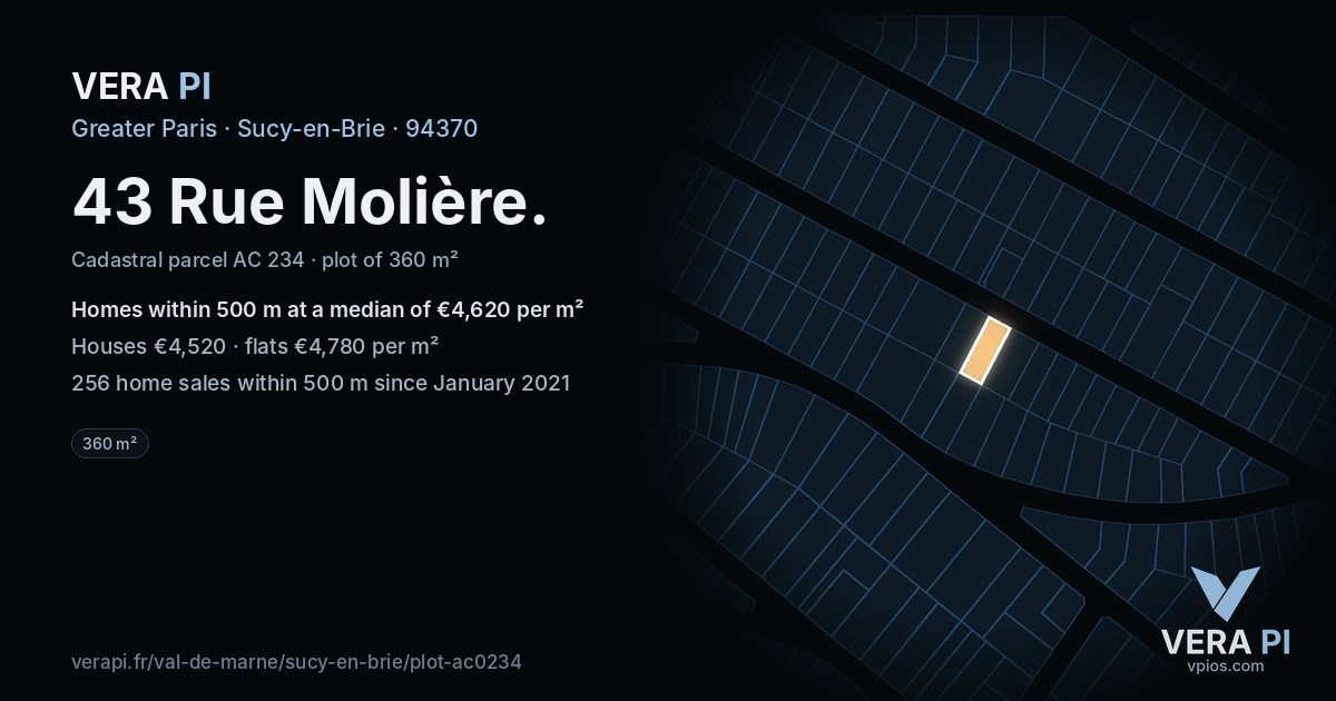 43 Rue Molière, Sucy-en-Brie at night – the plot lit, the parcels around coloured by the prices near them