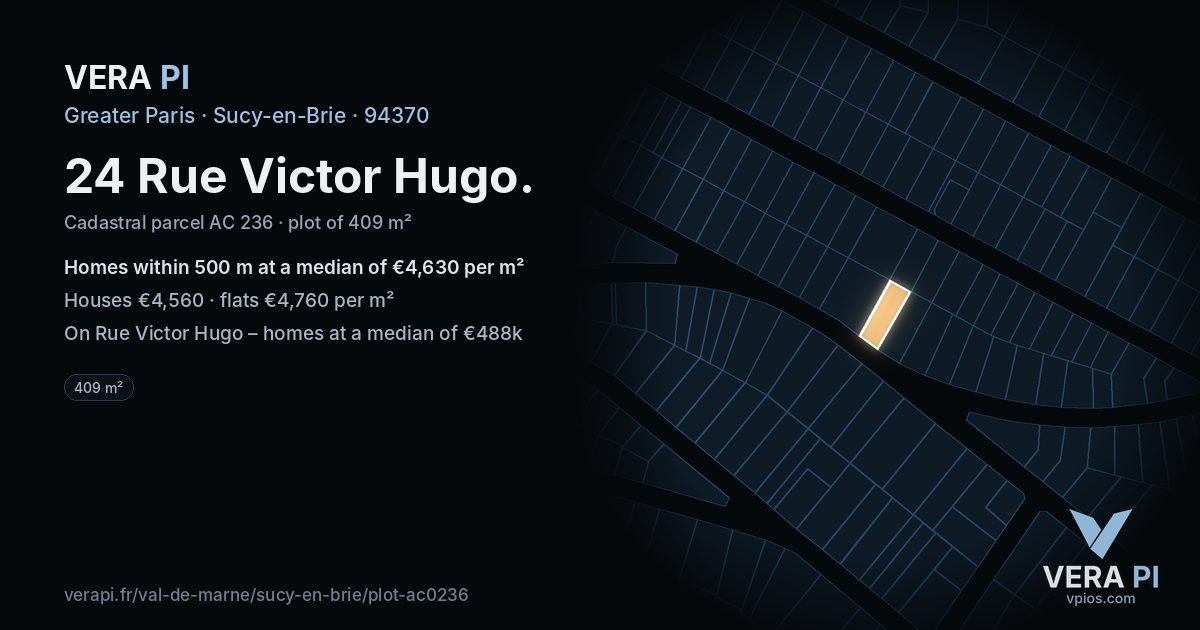 24 Rue Victor Hugo, Sucy-en-Brie at night – the plot lit, the parcels around coloured by the prices near them
