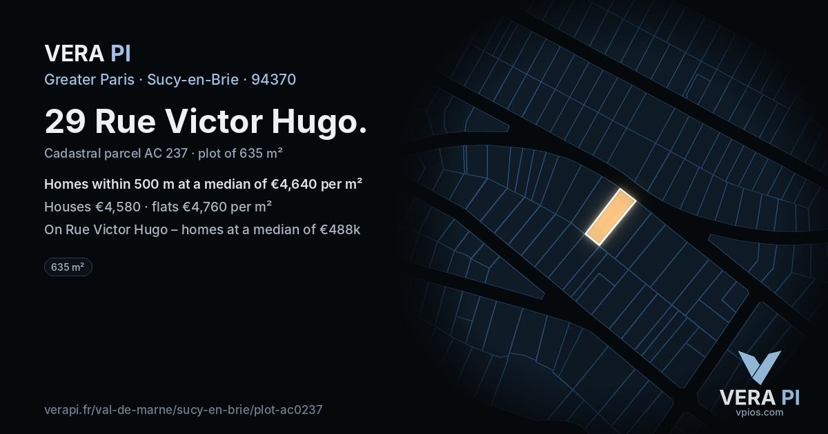 29 Rue Victor Hugo, Sucy-en-Brie at night – the plot lit, the parcels around coloured by the prices near them