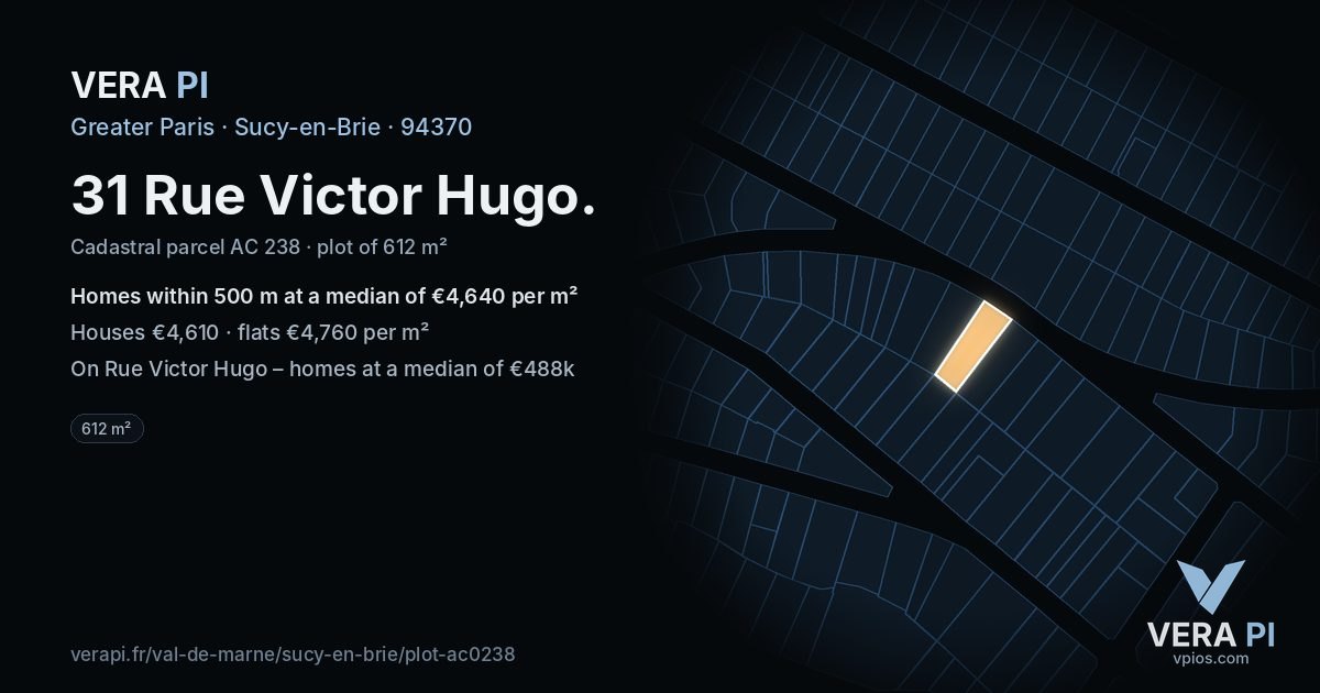 31 Rue Victor Hugo, Sucy-en-Brie at night – the plot lit, the parcels around coloured by the prices near them