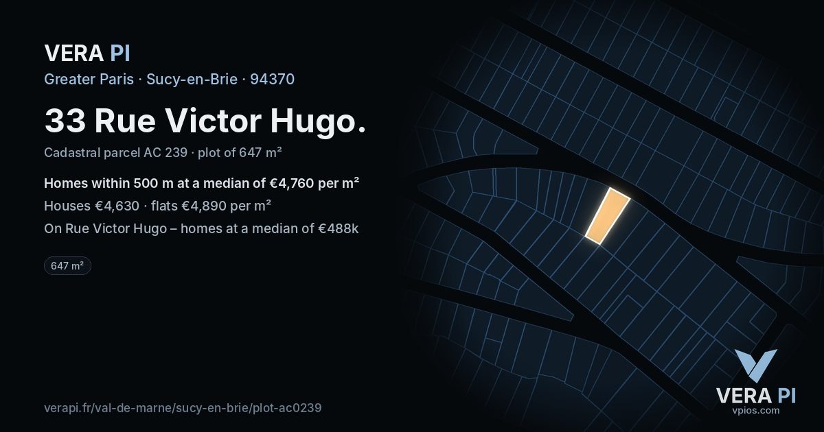 33 Rue Victor Hugo, Sucy-en-Brie at night – the plot lit, the parcels around coloured by the prices near them