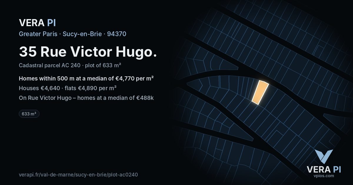 35 Rue Victor Hugo, Sucy-en-Brie at night – the plot lit, the parcels around coloured by the prices near them