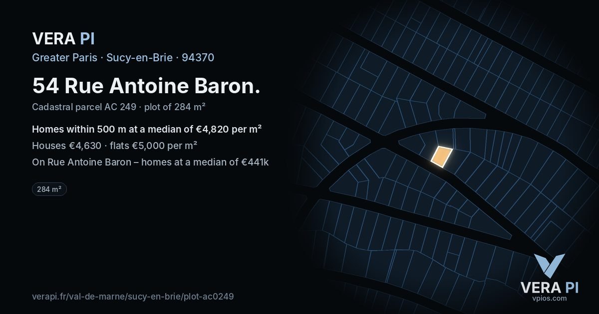 54 Rue Antoine Baron, Sucy-en-Brie at night – the plot lit, the parcels around coloured by the prices near them