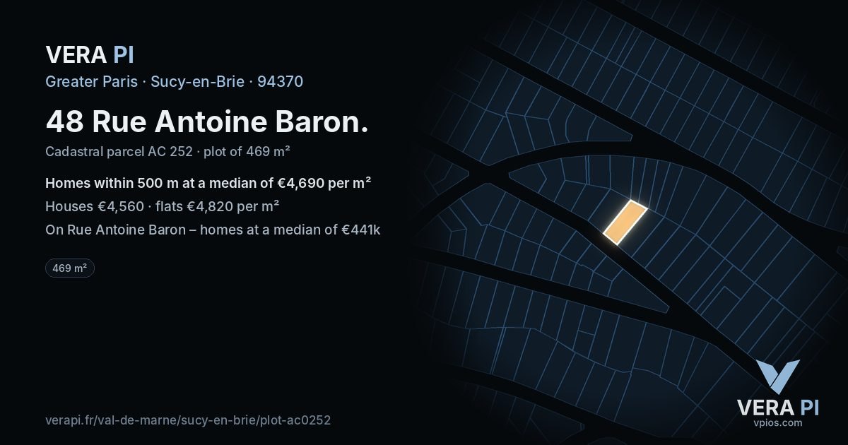 48 Rue Antoine Baron, Sucy-en-Brie at night – the plot lit, the parcels around coloured by the prices near them