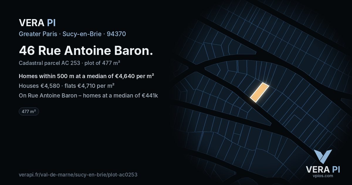 46 Rue Antoine Baron, Sucy-en-Brie at night – the plot lit, the parcels around coloured by the prices near them