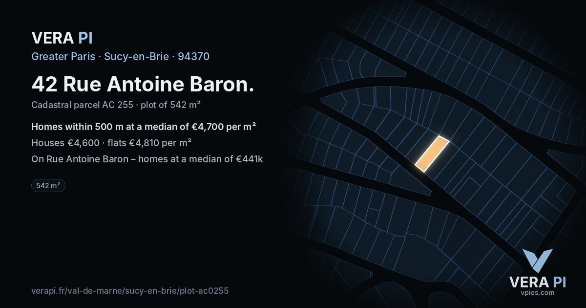 42 Rue Antoine Baron, Sucy-en-Brie at night – the plot lit, the parcels around coloured by the prices near them