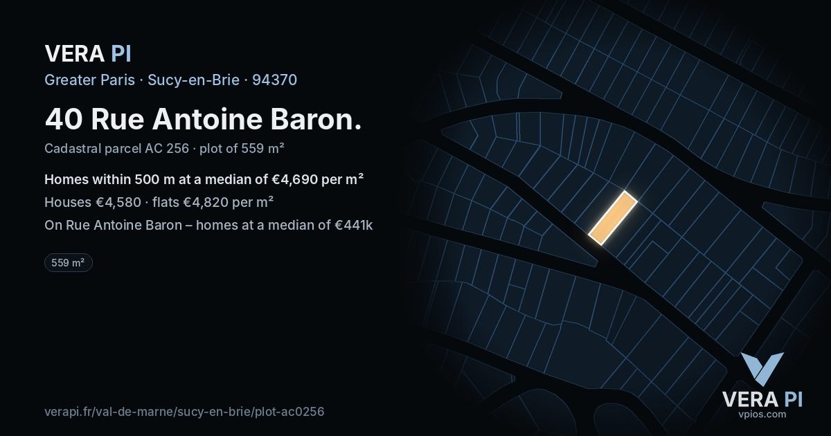 40 Rue Antoine Baron, Sucy-en-Brie at night – the plot lit, the parcels around coloured by the prices near them