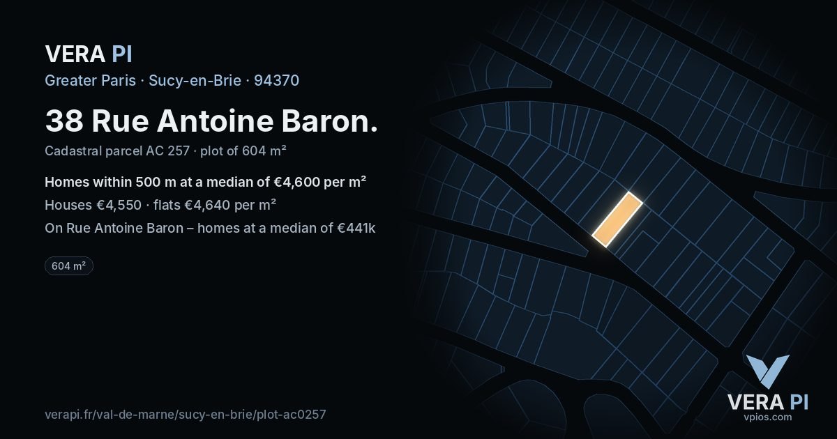 38 Rue Antoine Baron, Sucy-en-Brie at night – the plot lit, the parcels around coloured by the prices near them