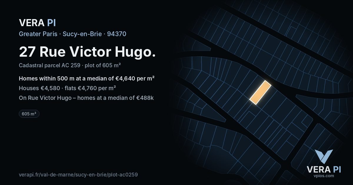 27 Rue Victor Hugo, Sucy-en-Brie at night – the plot lit, the parcels around coloured by the prices near them