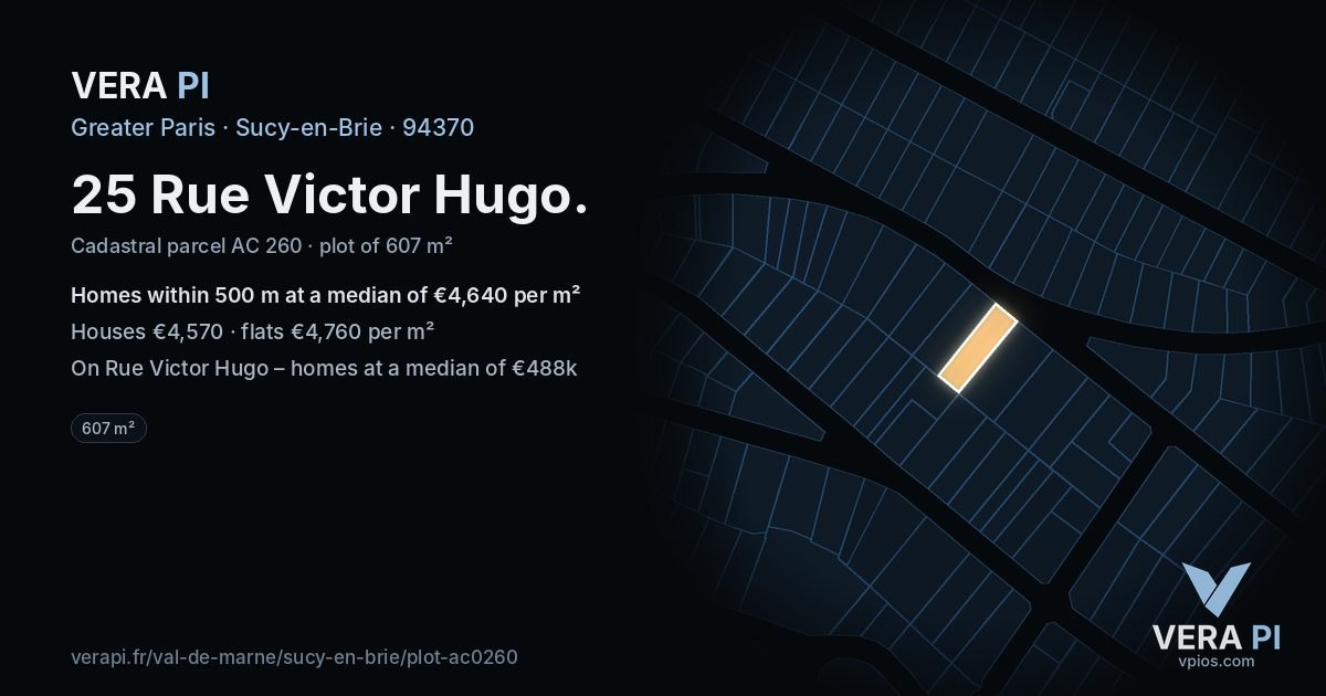 25 Rue Victor Hugo, Sucy-en-Brie at night – the plot lit, the parcels around coloured by the prices near them