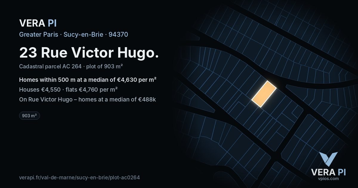 23 Rue Victor Hugo, Sucy-en-Brie at night – the plot lit, the parcels around coloured by the prices near them