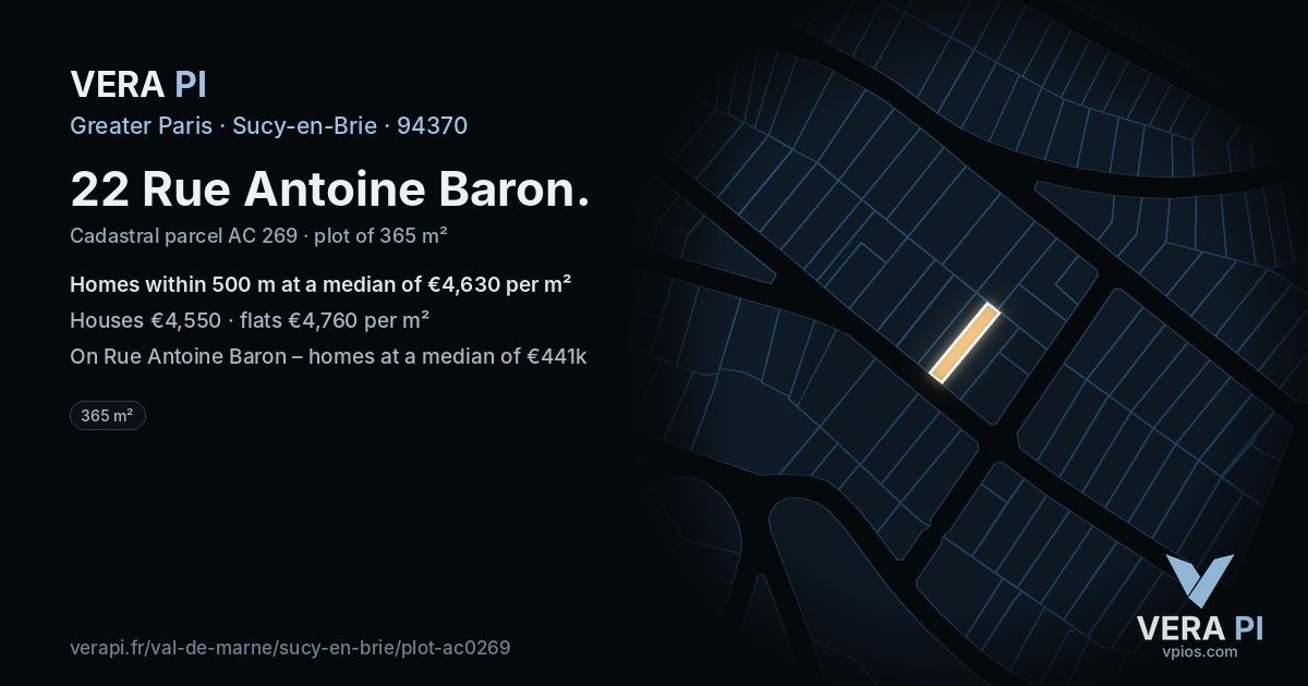 22 Rue Antoine Baron, Sucy-en-Brie at night – the plot lit, the parcels around coloured by the prices near them