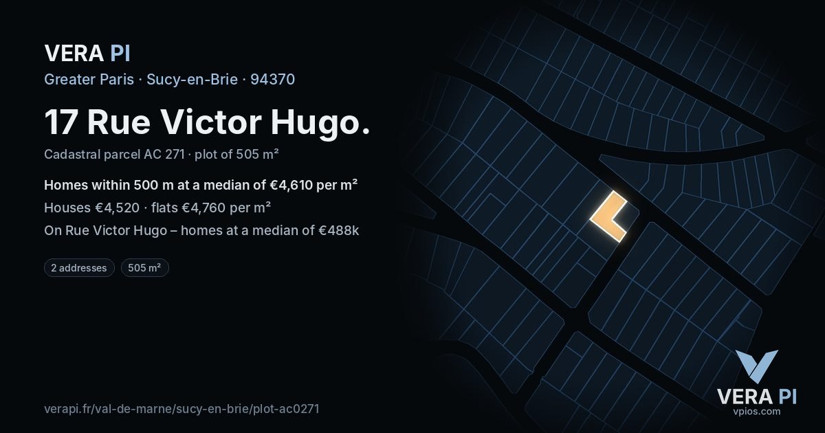 17 Rue Victor Hugo, Sucy-en-Brie at night – the plot lit, the parcels around coloured by the prices near them