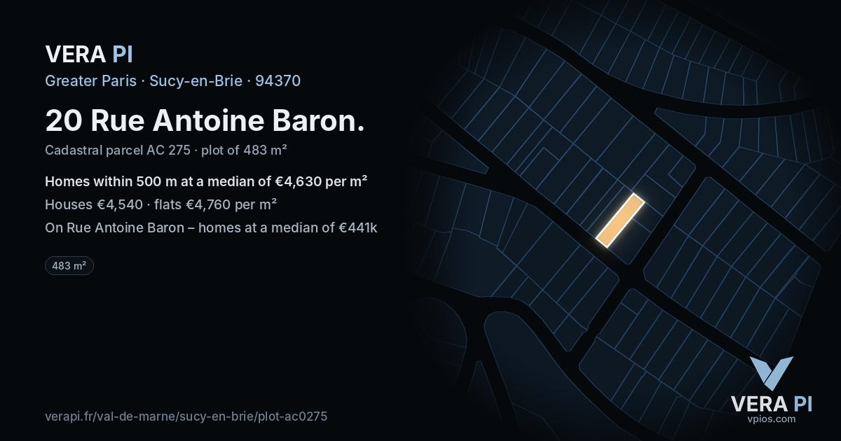 20 Rue Antoine Baron, Sucy-en-Brie at night – the plot lit, the parcels around coloured by the prices near them