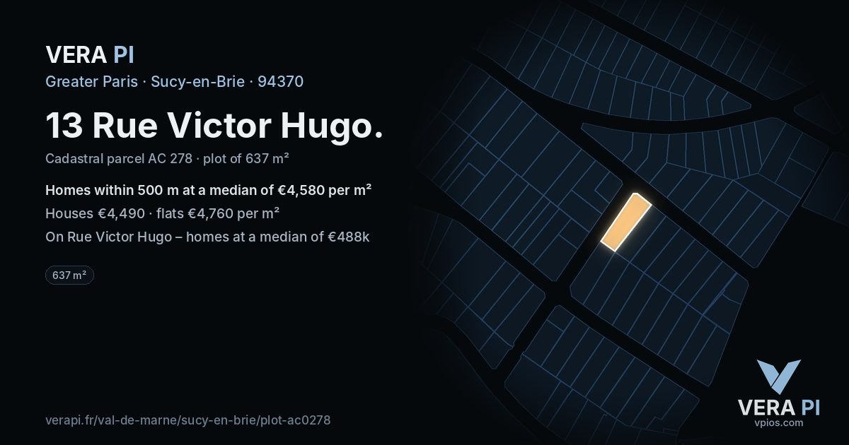 13 Rue Victor Hugo, Sucy-en-Brie at night – the plot lit, the parcels around coloured by the prices near them