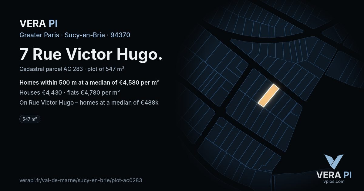 7 Rue Victor Hugo, Sucy-en-Brie at night – the plot lit, the parcels around coloured by the prices near them