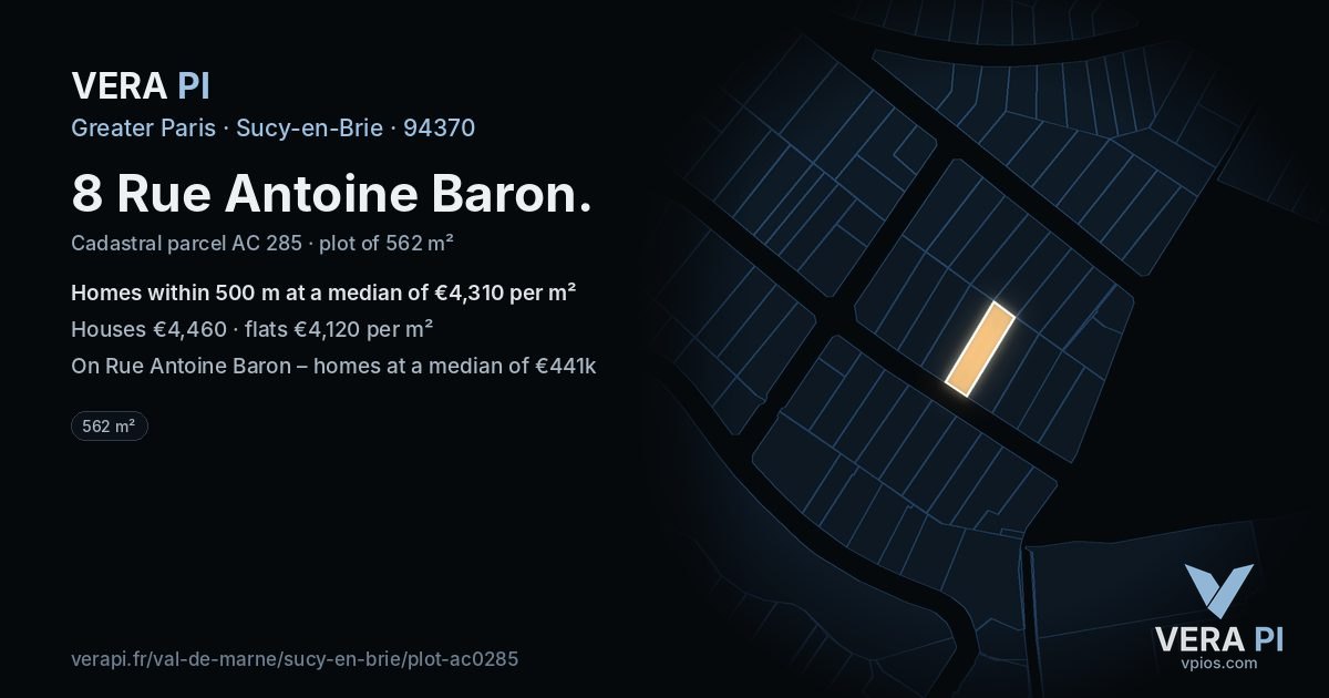 8 Rue Antoine Baron, Sucy-en-Brie at night – the plot lit, the parcels around coloured by the prices near them