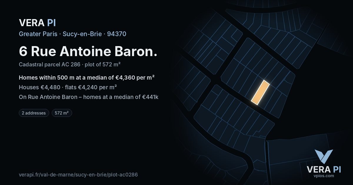 6 Rue Antoine Baron, Sucy-en-Brie at night – the plot lit, the parcels around coloured by the prices near them
