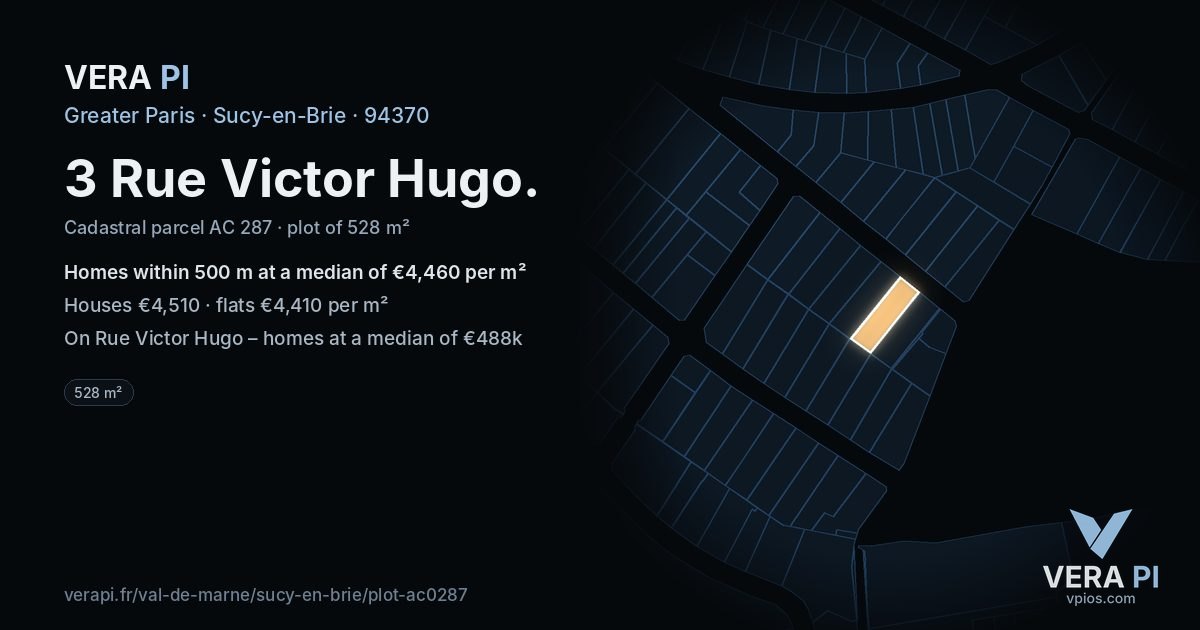 3 Rue Victor Hugo, Sucy-en-Brie at night – the plot lit, the parcels around coloured by the prices near them