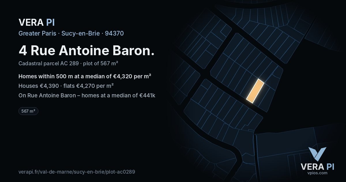 4 Rue Antoine Baron, Sucy-en-Brie at night – the plot lit, the parcels around coloured by the prices near them