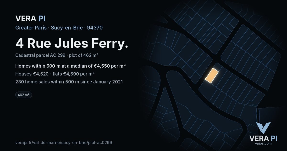 4 Rue Jules Ferry, Sucy-en-Brie at night – the plot lit, the parcels around coloured by the prices near them