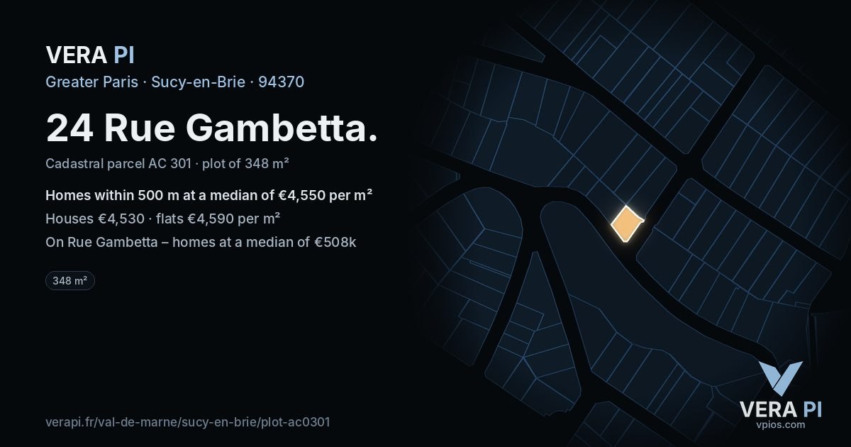 24 Rue Gambetta, Sucy-en-Brie at night – the plot lit, the parcels around coloured by the prices near them
