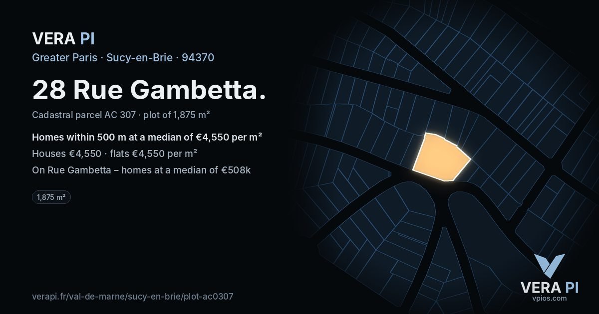 28 Rue Gambetta, Sucy-en-Brie at night – the plot lit, the parcels around coloured by the prices near them