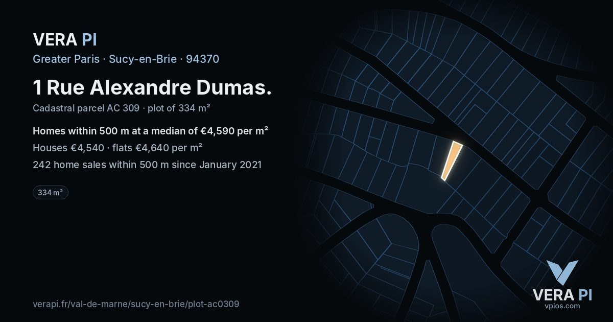 1 Rue Alexandre Dumas, Sucy-en-Brie at night – the plot lit, the parcels around coloured by the prices near them
