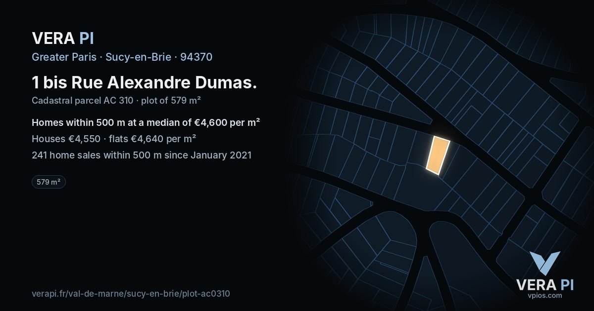 1 bis Rue Alexandre Dumas, Sucy-en-Brie at night – the plot lit, the parcels around coloured by the prices near them