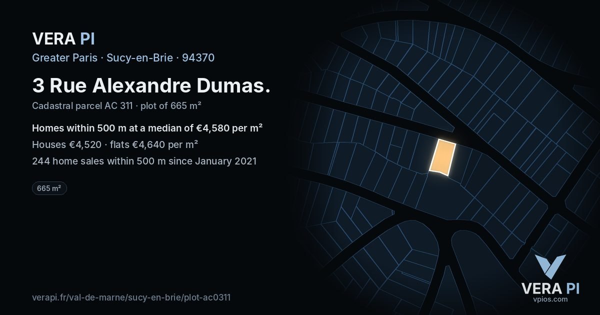 3 Rue Alexandre Dumas, Sucy-en-Brie at night – the plot lit, the parcels around coloured by the prices near them