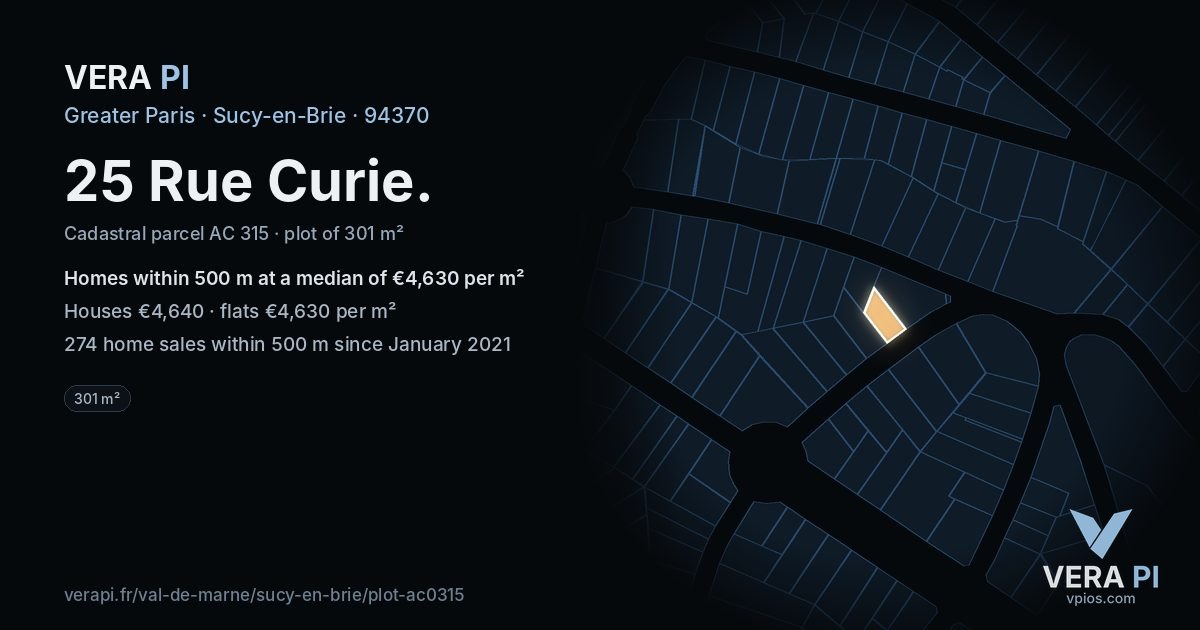 25 Rue Curie, Sucy-en-Brie at night – the plot lit, the parcels around coloured by the prices near them