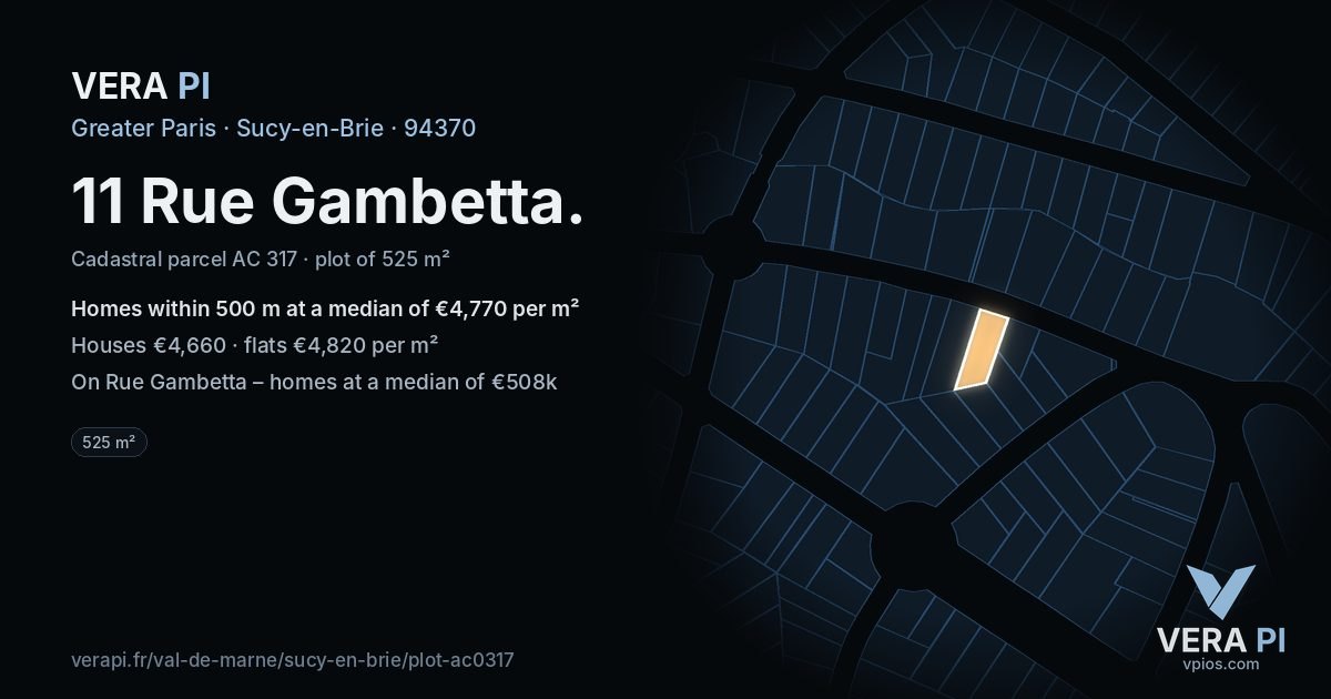 11 Rue Gambetta, Sucy-en-Brie at night – the plot lit, the parcels around coloured by the prices near them