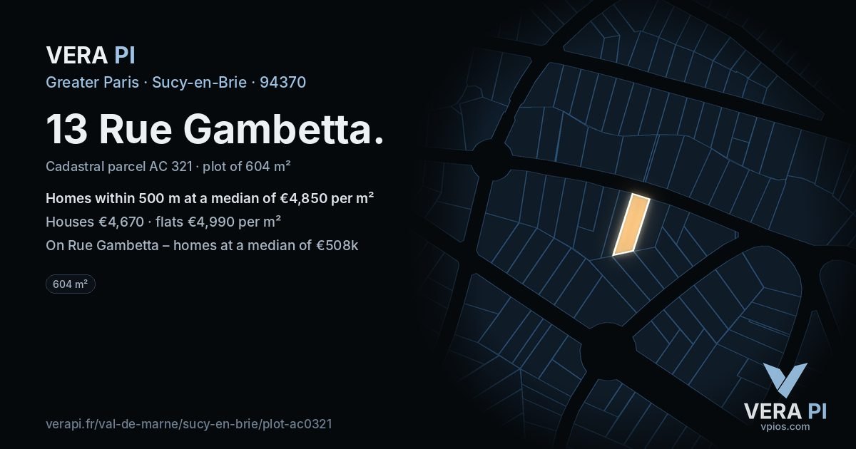 13 Rue Gambetta, Sucy-en-Brie at night – the plot lit, the parcels around coloured by the prices near them