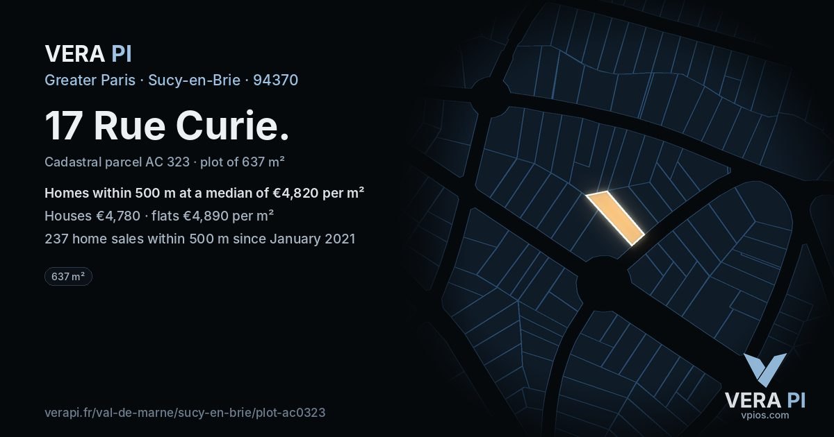17 Rue Curie, Sucy-en-Brie at night – the plot lit, the parcels around coloured by the prices near them