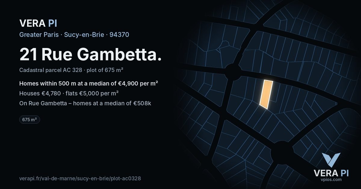 21 Rue Gambetta, Sucy-en-Brie at night – the plot lit, the parcels around coloured by the prices near them